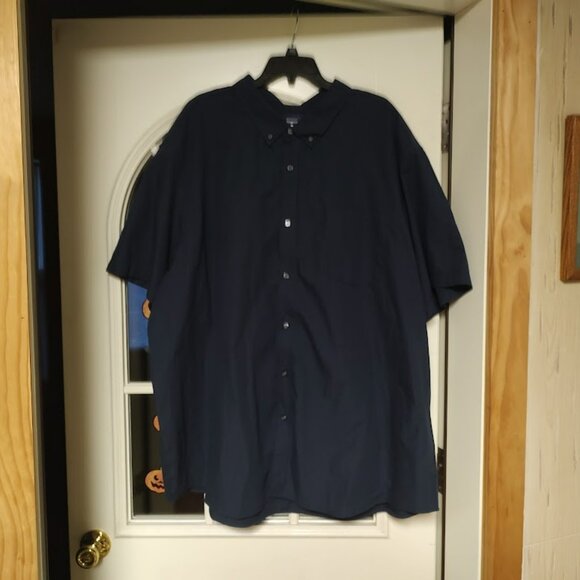 New Basic Editions Navy Blue Short Sleeve Button Down Easy Care Shirt Men's 5XL - Picture 1 of 2